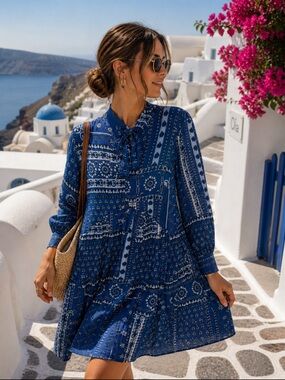 Zara Blue Boho Paisley Tie Neck Mini Dress Long Sleeve XS